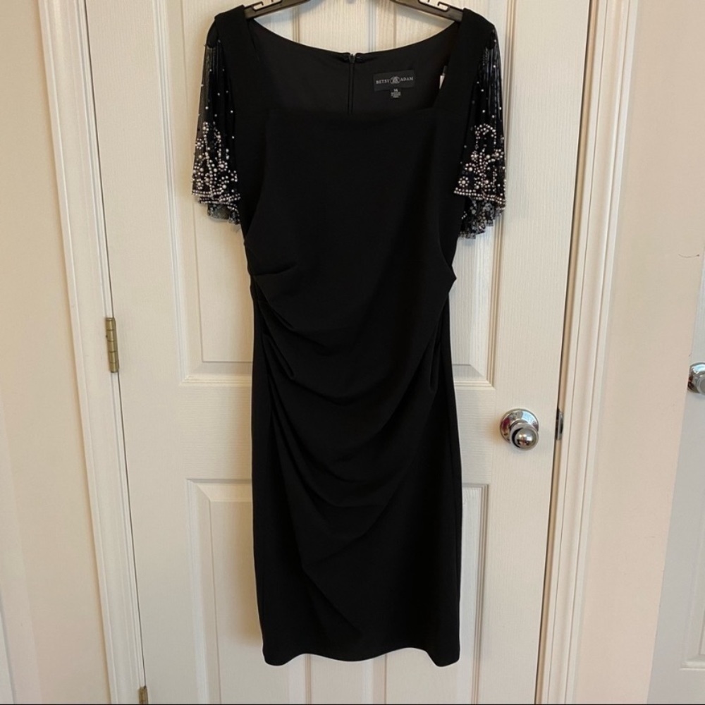 Betsy & Adam Embellished-Sleeve Sheath Dress in Black/Silver - Picture 3 of 10